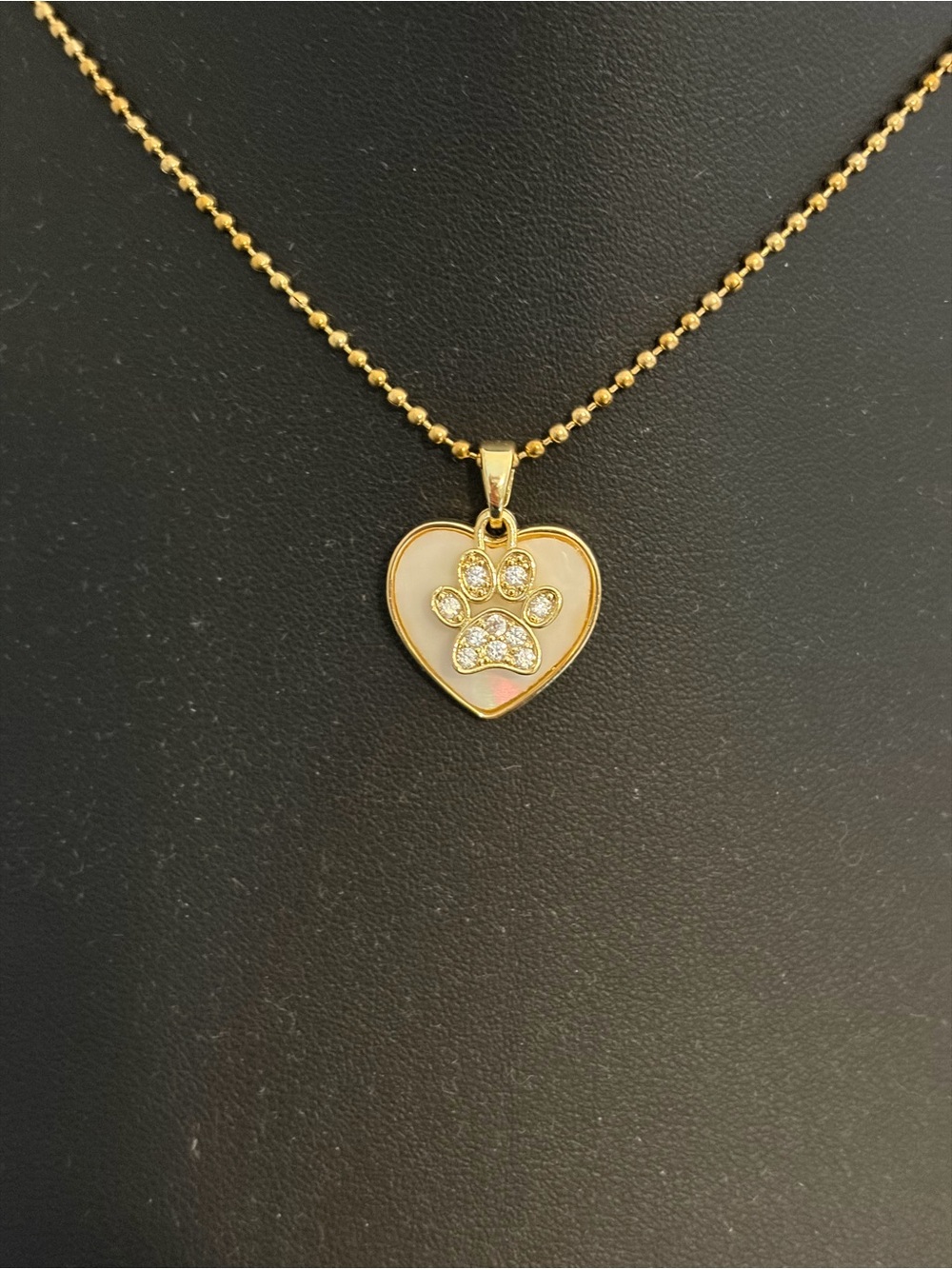 Gold Heart Necklace with Paw and Mother-of-Pearl Accent
